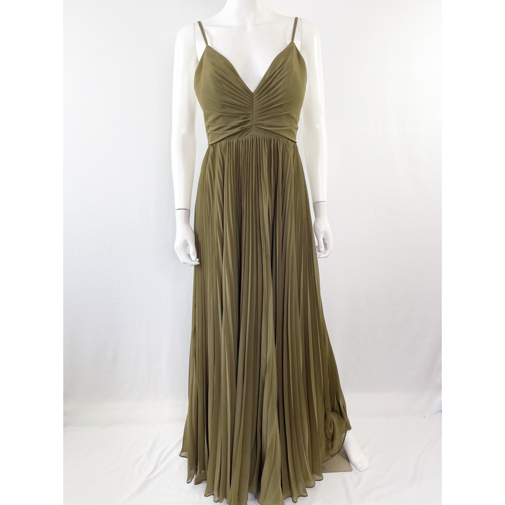 Fame & Partner Maxi Dress Olive Green Pleated V-Neck Spaghetti Strap Gown Size 4